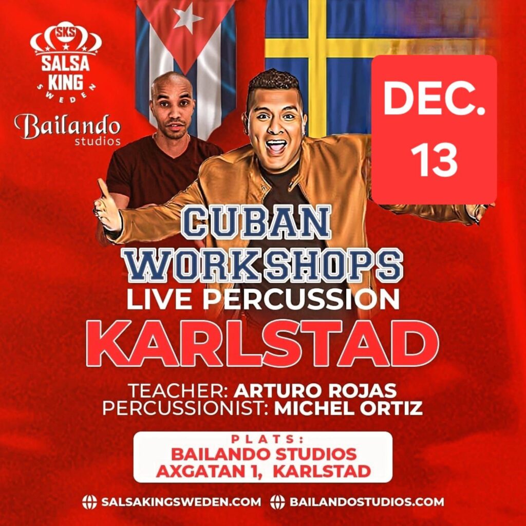Affisch med Arturo Rojas och Michel Ortiz för kubanska workshops i Karlstad.